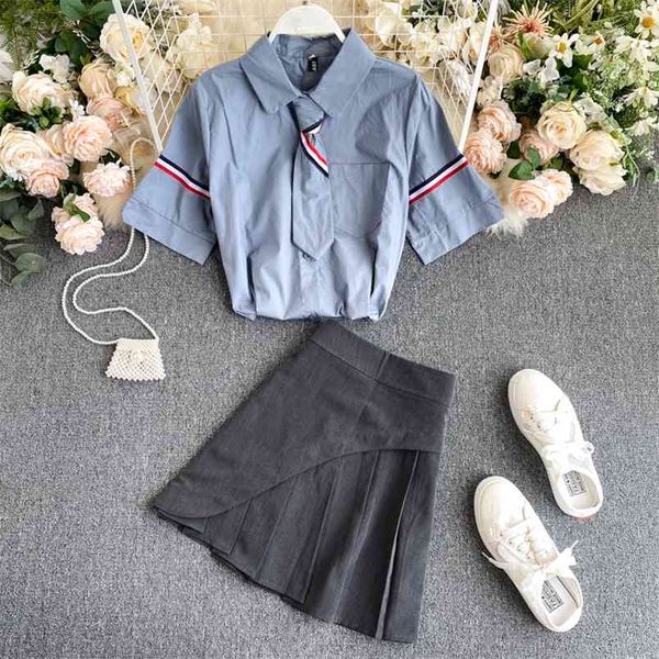 

summer casual suit for women turn down collar short sleeve shirts + high waist pleated skirt two piece set felame outfit 210428, White