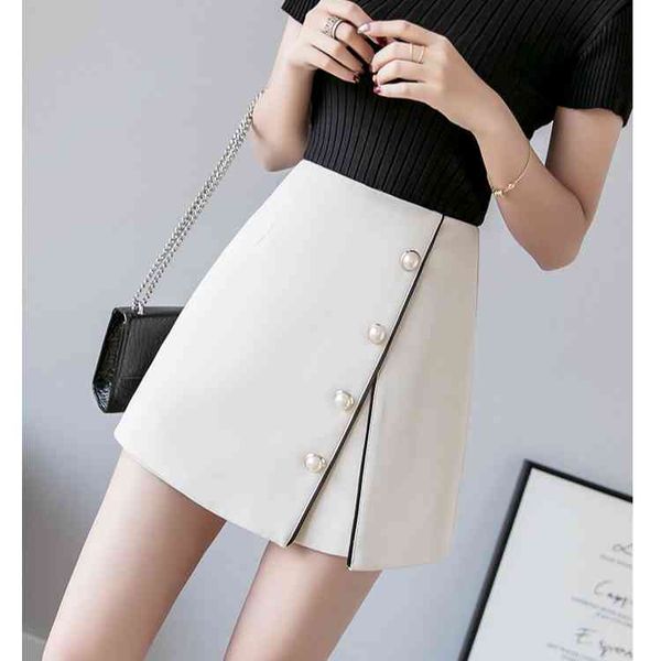 

winter womens skirts button a-line solid high waist skirt for women korean beading shorts 210429, Black