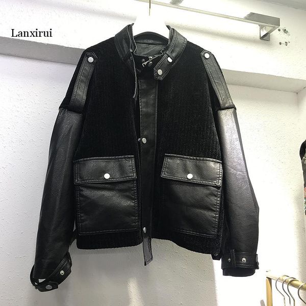 

women's leather & faux corduroy stitching jacket autumn and winter korean style loose short motorcycle leatherjacket trend, Black