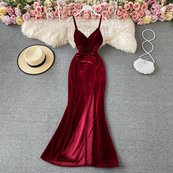 

casual dresses summer elegant temperament v-neck low-cut backless slim maxi vestidos sling velvet dress high-waisted open c910, Black;gray