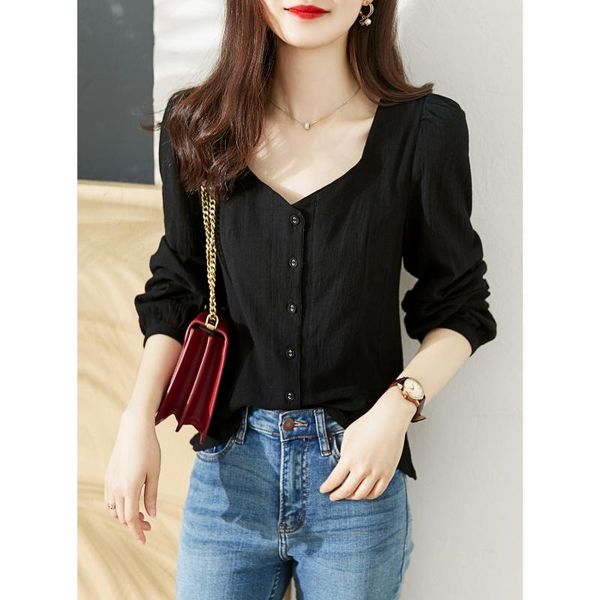 

women's blouses & shirts women 2021 spring fashion long sleeve loose female single-breasted thin ladies solid color casual j183, White