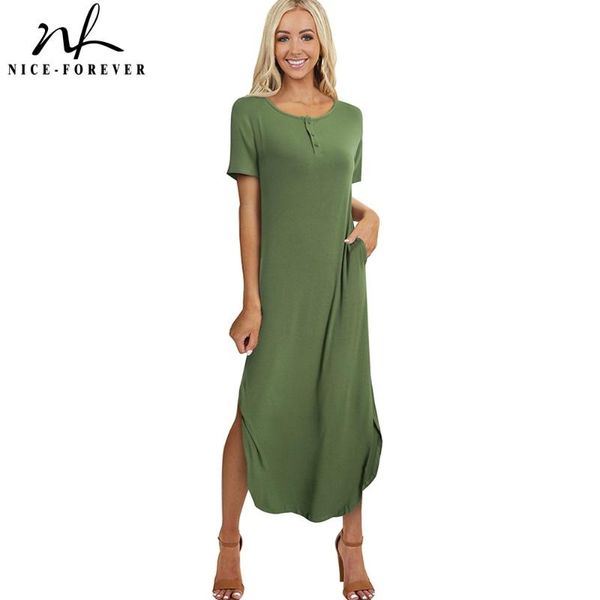 

casual dresses nice-forever summer women pure color side split long with button maxi flare dress btya164, Black;gray