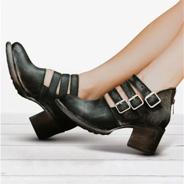 

boots belt buckles round-headed high heels women's high-heeled, Black