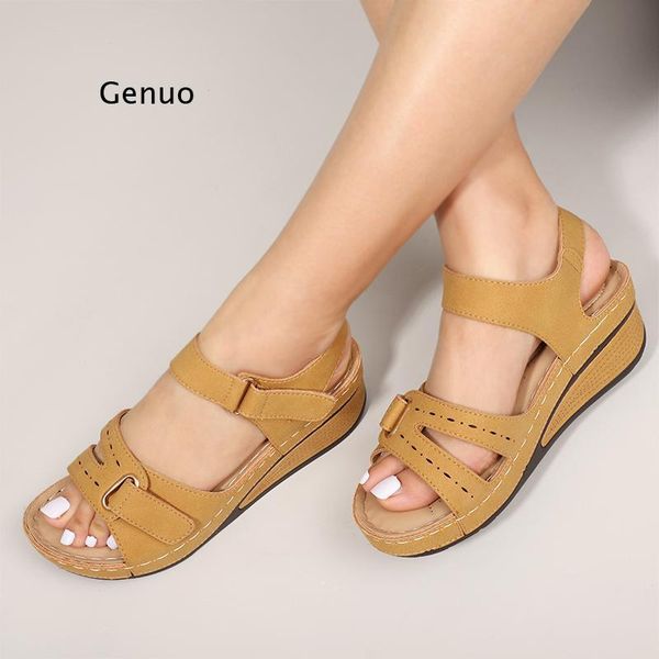 

sandals 2021 summer retro women's sewing women casual wedge shoes woman lady buckle strap hook loop soft platform female, Black