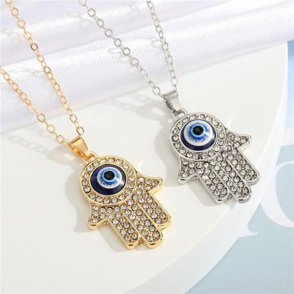 

pendant necklaces 1pc vintage ethnic rhinestone fatima hamsa hand necklace for women blue evil eye chain choker jewelry n112, Silver