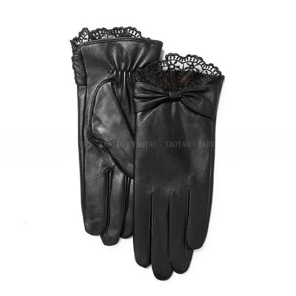 

five fingers gloves women genuine sheepskin leather autumn winter warm full finger fashion female lace bow mittens s2581, Blue;gray