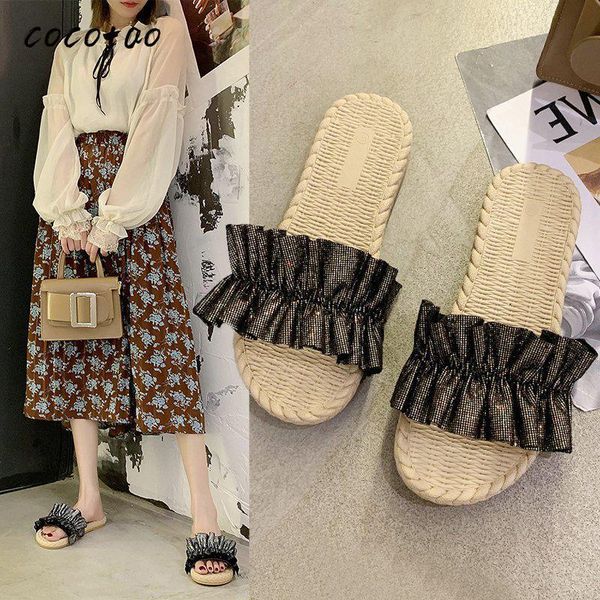 

slippers women summer fashion wear 2021 korean version of the wild sweet lace lotus leaf beach sandals and, Black