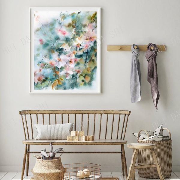 

paintings almond blooming flowers art print, pink blossoms floral watercolor painting art, botanical abstract green wall print