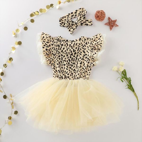 

summer baby girls casual fashion girl dresses leopard printing short sleeve mesh princess dress headband two piece sets, Red;yellow