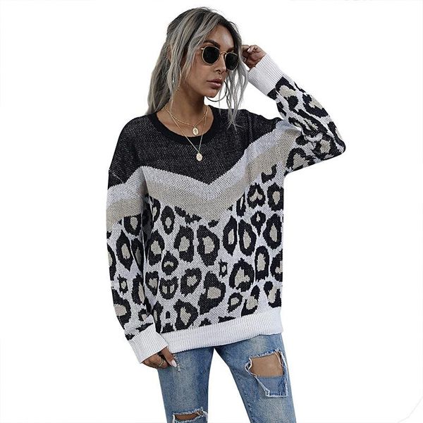 

women's sweaters spring autumn leopard print sweater o-neck loose knitted women long sleeve pull femme ta6564, White;black