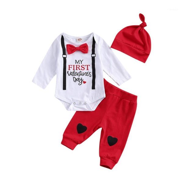 

spring baby girls boys valentine's day suitlong sleeve letter print bow romper heart red trousers set clothes clothing sets, White