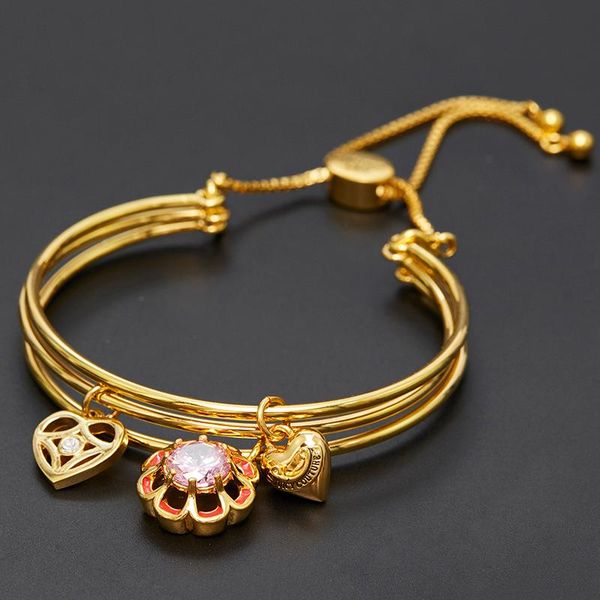 

bangle powder gem flower sweet love sank three layers pulling more bead adjustable bracelet female gold-plated, Black