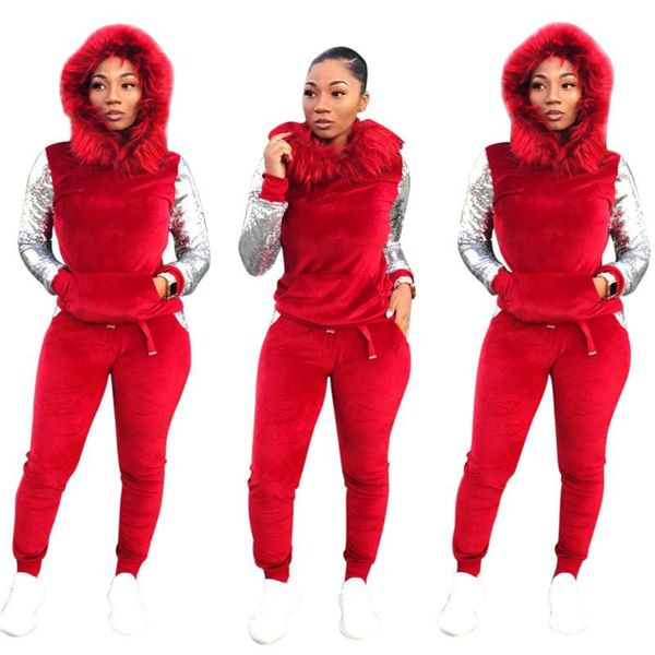 

women's two piece pants women velvet set fall winter faux fur hat sequins long sleeve pockets hooded sweatshirt + skinny tracksuit, White