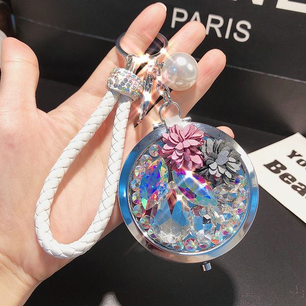 

creative flower inlaid diamond make-up mirror key chain knitting rope personalized production carry bag pendant accessories, Silver