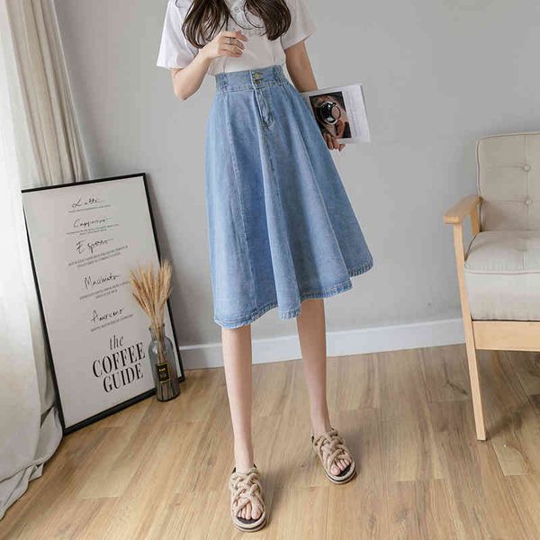 

casual dresses vintage elastic high waist ladies denim skirt spring summer streetwear big swing saia midi button a-line women jean, Black;gray
