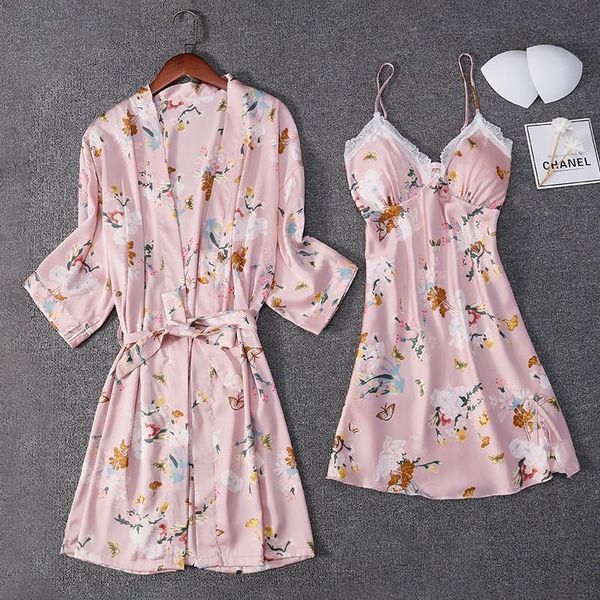 

women's sleepwear conjunto de roupÃ£o cetim feminino, 2 peÃ§as, sexy, estampa camisola, roupa dormir, almofadas no peito, primavera, casu, Black;red