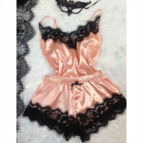 

bigsweety lace satin women sleepwear pajama sets nightwear sleeveless shorts 2 pcs pyjama for pijama, Black;red
