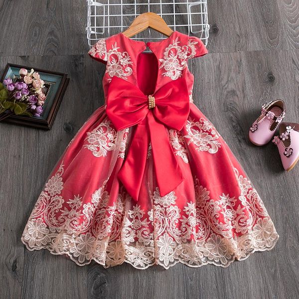 

girl's dresses big bow baby girl clothes embroidery infant party little princess dress lace flower girls christening gown size 0-24 mon, Red;yellow