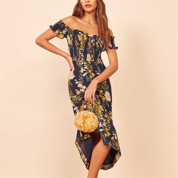 

summer women's dress casual flower print lotus leaf decoration strapless slim vestidos 210430, Black;gray