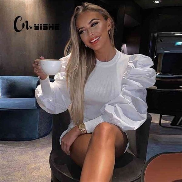 

cnyishe fashion long puff sleeve t-shirt women elegant office lady regular patchwork slim t-shirt streetwear shirt 210406, White