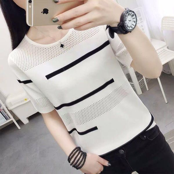 

women's t-shirt 2021 women t shirt knitted short sleeves tee o-neck fashion loose striped tees casual female summer t-shirts l59, White