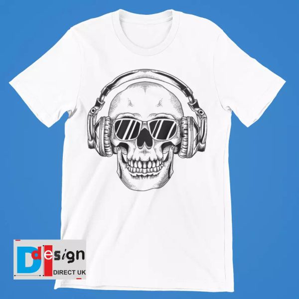 

skull headphones t-shirt cool glasses summer retro music dance skeleton, White;black