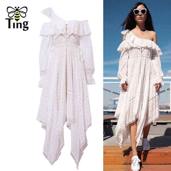 

summer designer style dress one shoulder ruffles lace embroidery asymmetrical boho long vestidos sp robes 210513, Black;gray