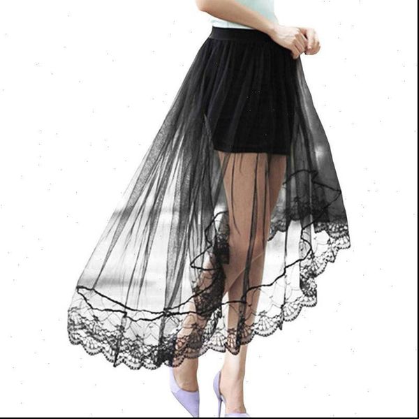 

women girls summer high waist skirt layered sheer mesh swallowtail midi long asymmetric scalloped lace hem pleated party, Black