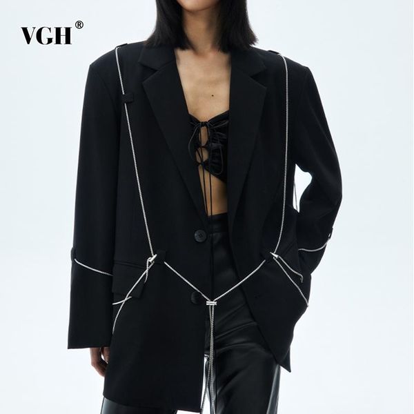 

women's suits & blazers vgh black korean blazer for women notched long sleeve straight patchwork chain casual loose females spring fash, White;black