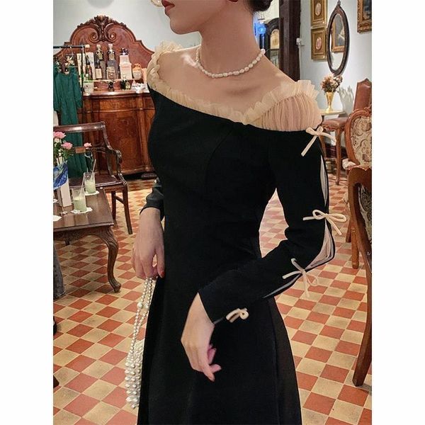 

casual dresses korean fahsion evening party dress women off shoulder bow vintage midi lady elegant long sleeve black 2021 winter, Black;gray