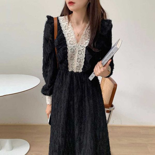 

casual dresses goth women vintage spring female a-line patchwork high waist long sleeve office lady retro young girl 1i69, Black;gray