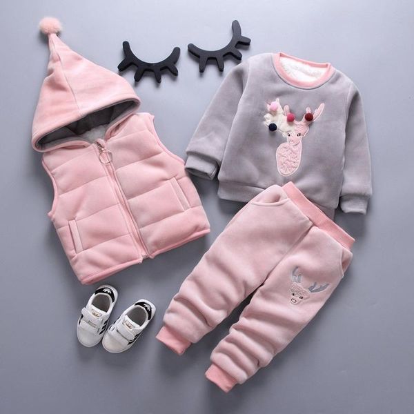 

clothing sets children clothes set winter baby boy plus velvet cotton-padded girls thick sweater kids sport suit outfits, White