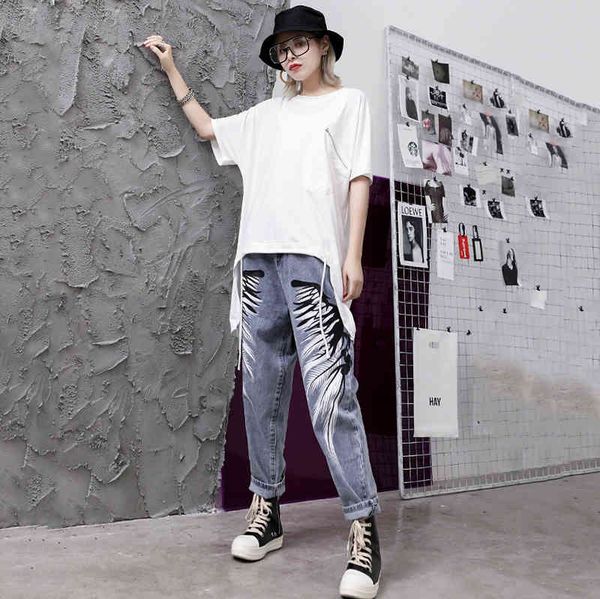 

Women's Jeans [EAM] Spring Summer High Waist Loose Blue Denim Holes Pattern Printed Wide Leg Women Trousers Fashion Tide JS056 200930 HX21