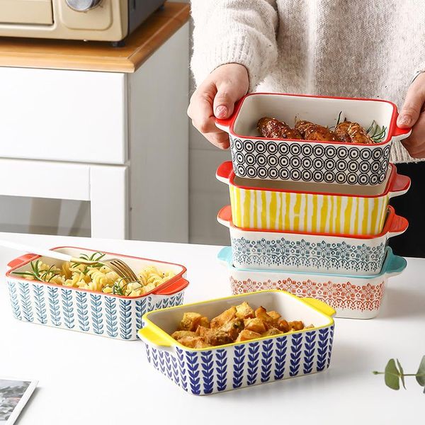 

dishes & plates hand painted rectangle baking tray ceramic dinner salad baked cheese rice plate microwave dishwasher safe kitchen dinar