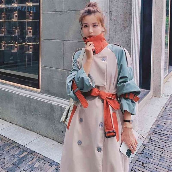 

women long trench patchwork autumn winter coat windbreaker light weight casual lady's windbreak collection 210524, Tan;black