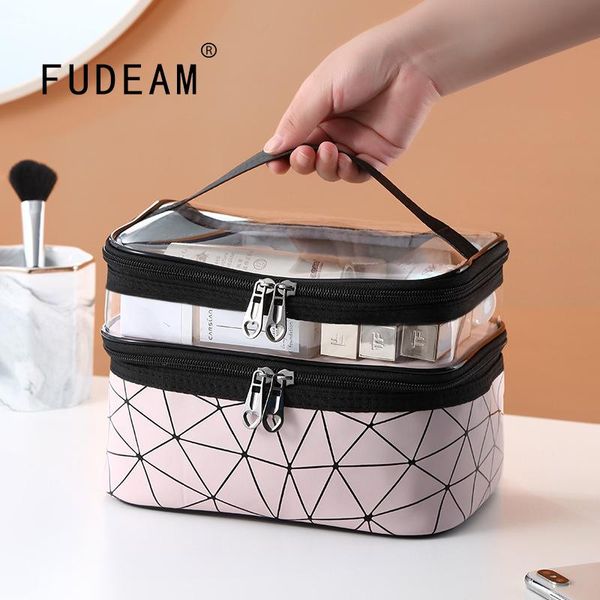 

leather geometry women multifunction cosmetic bag toiletries storage organizer waterproof handbag female pvc makeup cases bags &