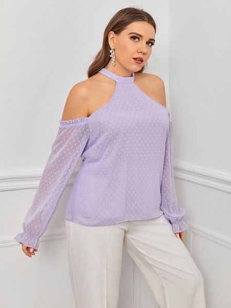 

women's plus size 2021 sweet temperament off shoulder purple polka dot t-shirt