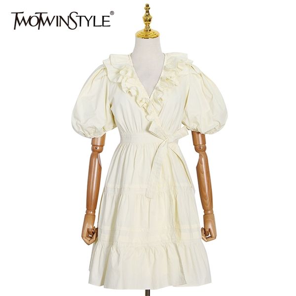 

elegant dress for women v neck short puff sleeve patchwork ruffles high waist mini dresses female summer 210520, Black;gray