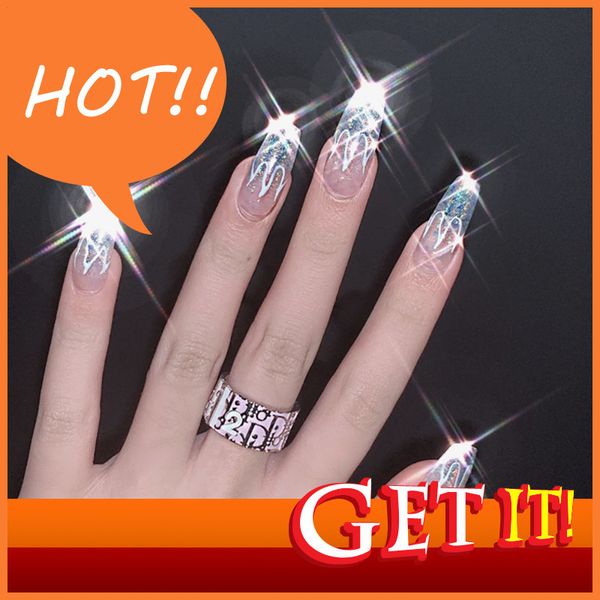 

stylist diy hand decorated nail nina 107 laser silver flame fake nail patch wearing finished 24 es, Red;gold