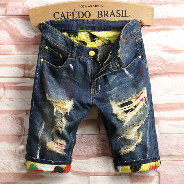 

large size men's european and american ripped jeans slim fit light beggar shorts, Blue