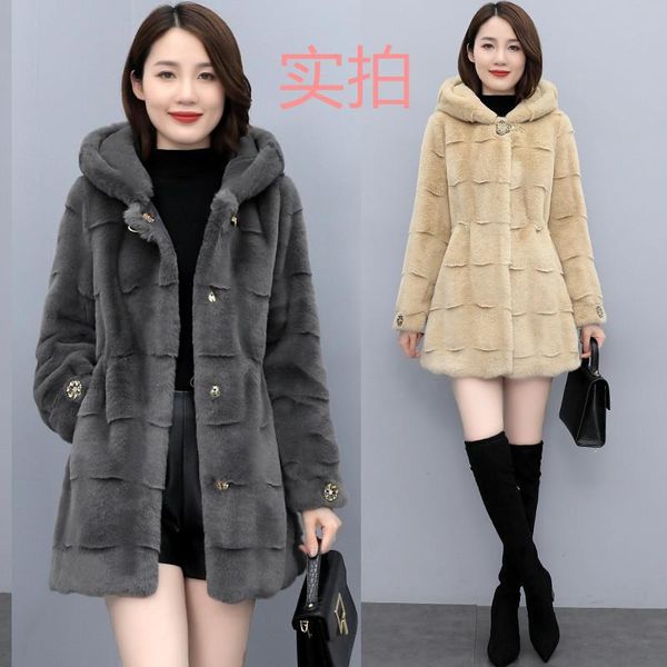 

women's fur & faux 2021 winter mink imitation one-piece velvet hooded coat, Black