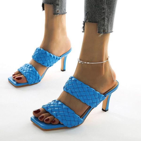 

slippers black blue weave square head peep toe high heel summer fashion slip on thin heels slides women mules party big size 41