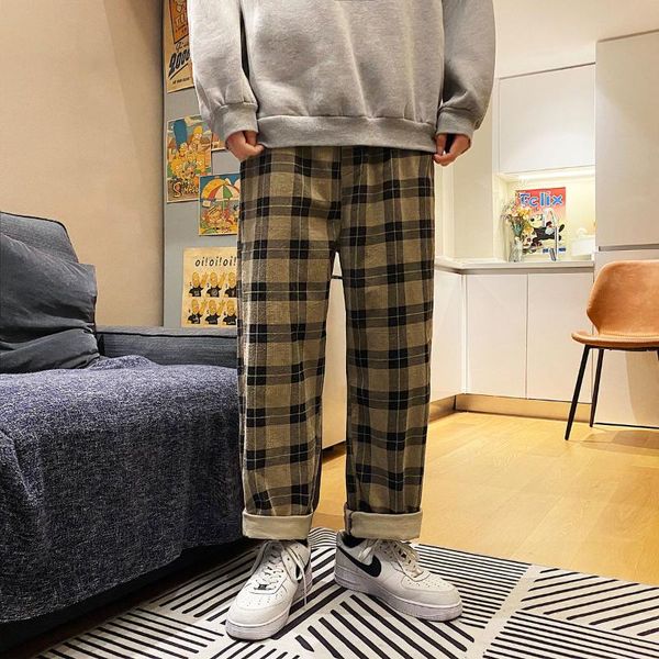 

spring and autumn youth men's loose color matching lattice beam pants fashionable casual straight-leg, Black