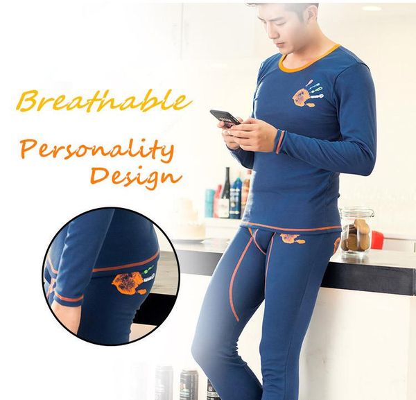 

men's sleepwear low waist full plaid cotton combed thermal sets handprint printing first grade long johns(for a set), Black;brown