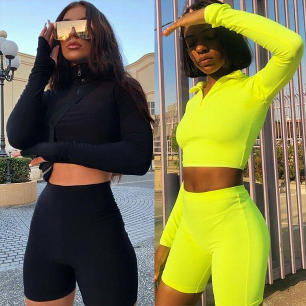 

2pcs crop shorts bodycon womens pants casual outfit sportswear tracksuit, White