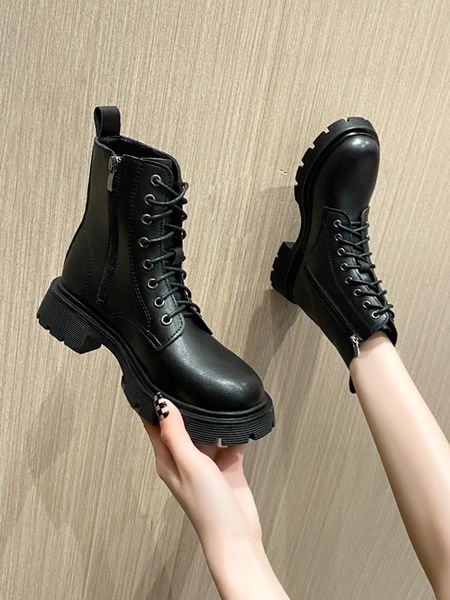 

boots lace up round toe women's rubber shoes rain boots-women ankle autumn 2021 rock ladies black med rome solid hoof heels