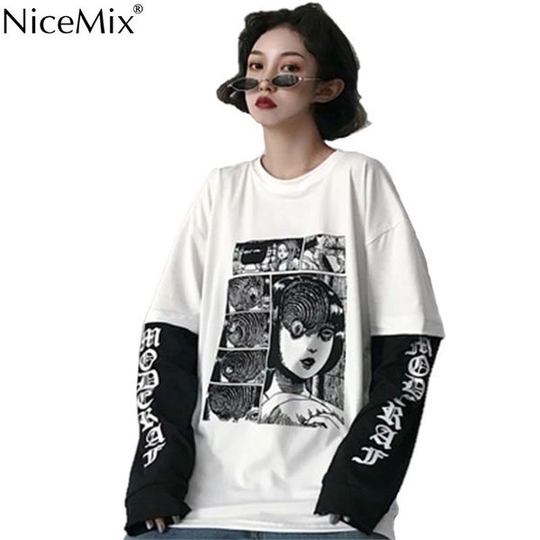 

nicemix harajuku t-shirt women fake 2 pieces print japanese fujiang horror comics long sleeve shirt women vetement femme 2021, White