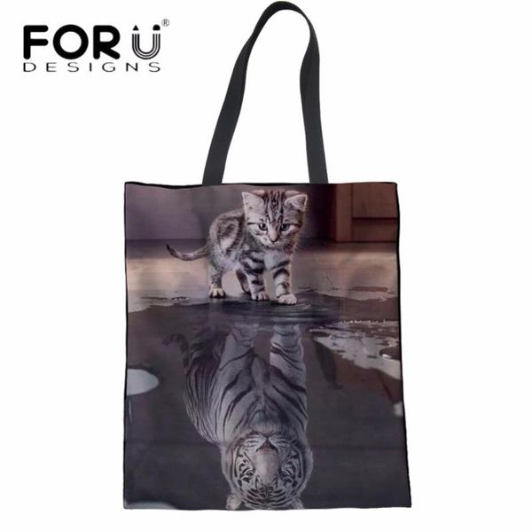 

shopping bags forudesigns cat reflection tiger print woman folding shopper fashion large female cotton tote recycle eco bag