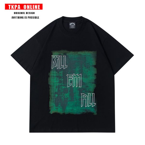 

tkpa high street dark wind mourning american style iron drill t-shirt men's and women's trendy hip hop loose print short sleeve te, White