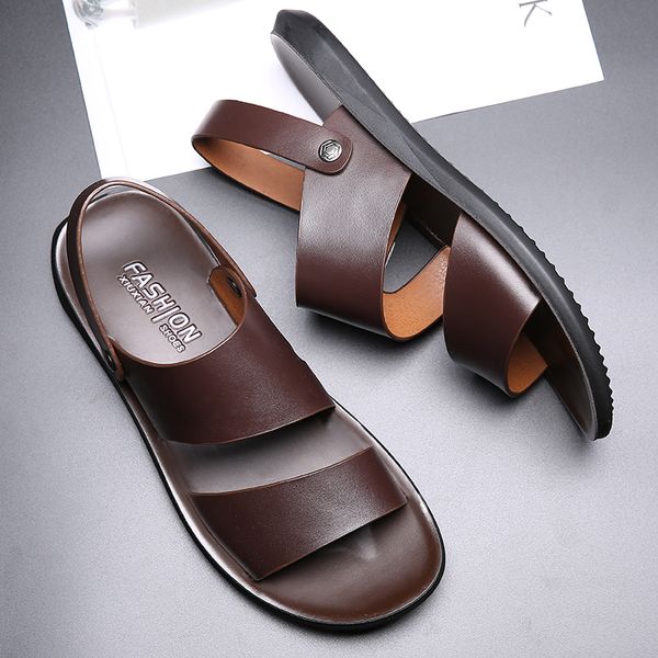 2024 nova moda vintage sapatos masculinos de couro vaca macio respirável casual apartamentos sandálias praia verão chinelos flip flop preto